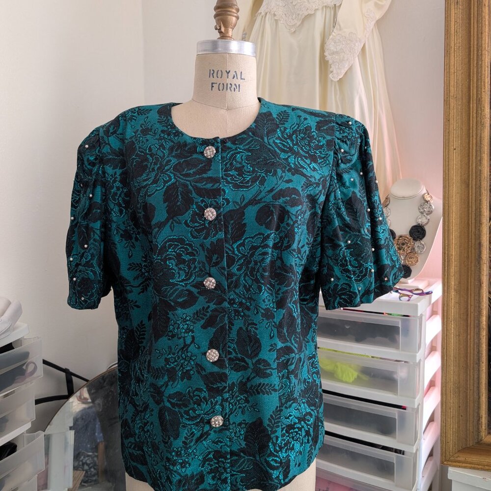 Vintage Green Floral Brocade Blazer with Rhinestone details, Medium